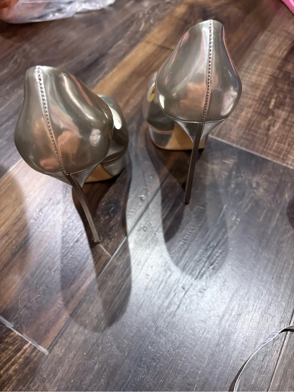 CASADEI- Metallic Silver High Heel Peep-Toe Platform Pumps